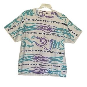 Vtg 90s Ocean Pacific OP Surf T-Shirt Single Stitch Abstract Wave Graphic Large